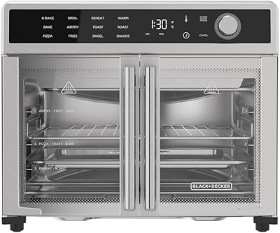 BLACK+DECKER Crisp 'N Bake Air Fryer Toaster Oven Combo, 12 in 1 Countertop Convection Oven Cooks Food Fast, Fits a Whole Pizza or 6 Toast Slices, French Doors with Stainless Steel Finish