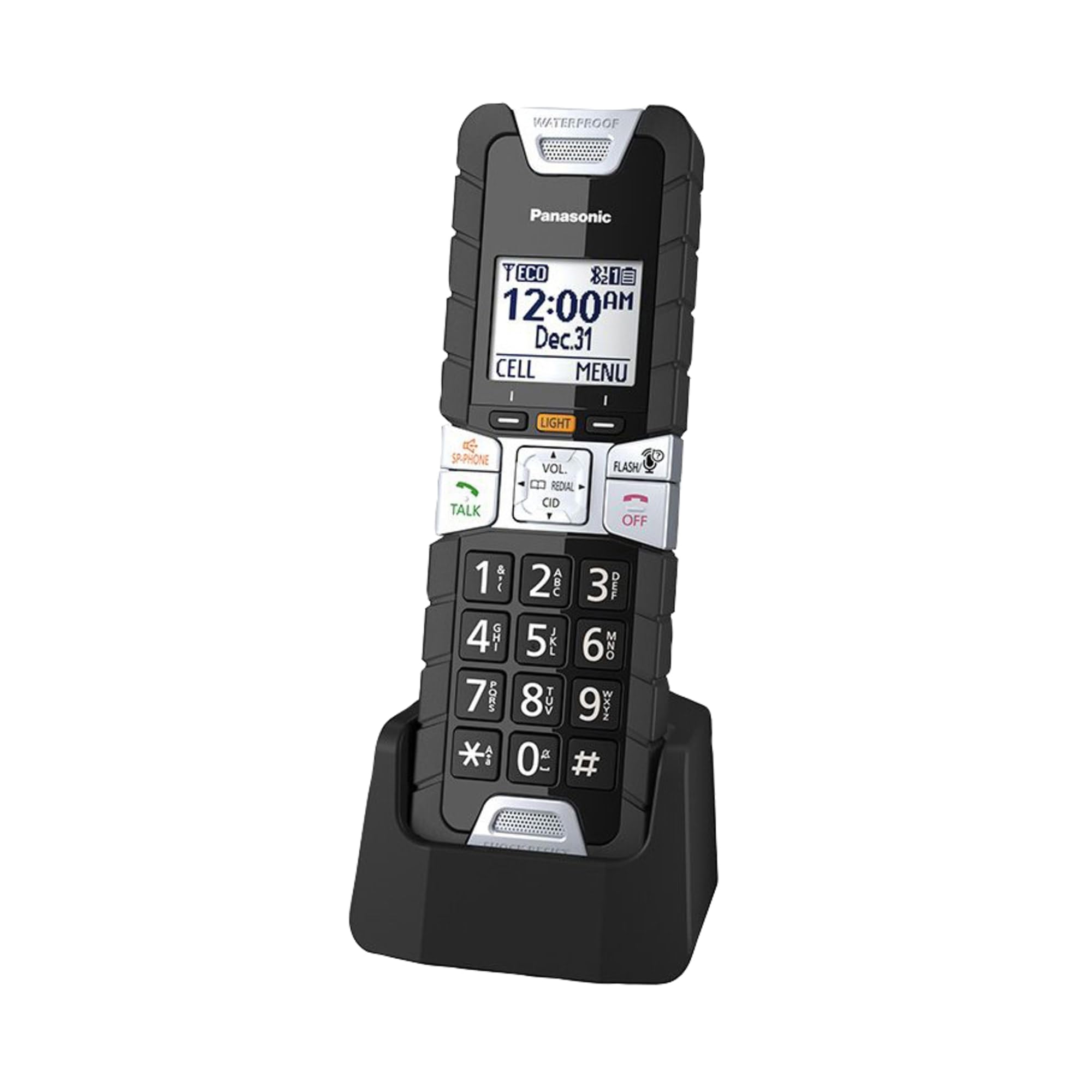 PANASONIC KX-TGTA61B FEATURES: Rugged Look Waterproof,Floaty,Dustproof and Shock Resistant Easy to use and Convenient Big Button Flash Light Belt clip & Headset Jack Link2Cell SPECIFICATIONS: COLOR : Black WATERPROOF/DUST PROOF : Yes(IP67) SHOCK RESISTANCE : Yes(Mil Standard) LCD : "1.6 inch (4.1 cm) Full Dot Monochrome 103 x 65 pixels" LCD LANGUAGE : English,Spanish HEADSET JACK : Yes LIGHTED HANDSET KEYPAD : White BELT CLIP : Yes (with Movable clip) ELASTOMER BUMPER : Yes FLASH LIGHT : Yes WALL MOUNTABLE (CHARGER) : Yes FLOATY : Yes CALL BLOCK REGISTRATION : Yes (soft key) FULL DUPLEX SPEAKERPHONE : Yes HANDSET NOISE REDUCTION : Yes (Except KX-TGE66x/67x series, and KX-TG885SK) INTERCOM, TRANSFERRING CALLS, CONFERENCE CALLS : Yes HANDSET EQUALIZER : Yes LINK2CELL : Yes (Depends on Base unit) CALL BLOCK : Yes (1503) TALKING CID : Yes (Depends on Base unit) REMOTE VOICE ASSIST : Yes (Depends on Base unit) RECHARGEABLE BATTERY : Ni-MH (AAA x 2) TALK TIME : 8.5 hours max. ( If eco mode is on except when using link2cell function and flash light) CHARGE TIME : About 7 hours WILL NOT WORK WITHOUT BASE : KX-TGC2xx, KX-TGC3xx, KX-TGD2xx, KX-TGD5xx, KX-TGD2xx, KX-TGD4xx, KX-TGD6xx, KX-TGF3xx, KX-TGF5xx, KX-TGL4xx