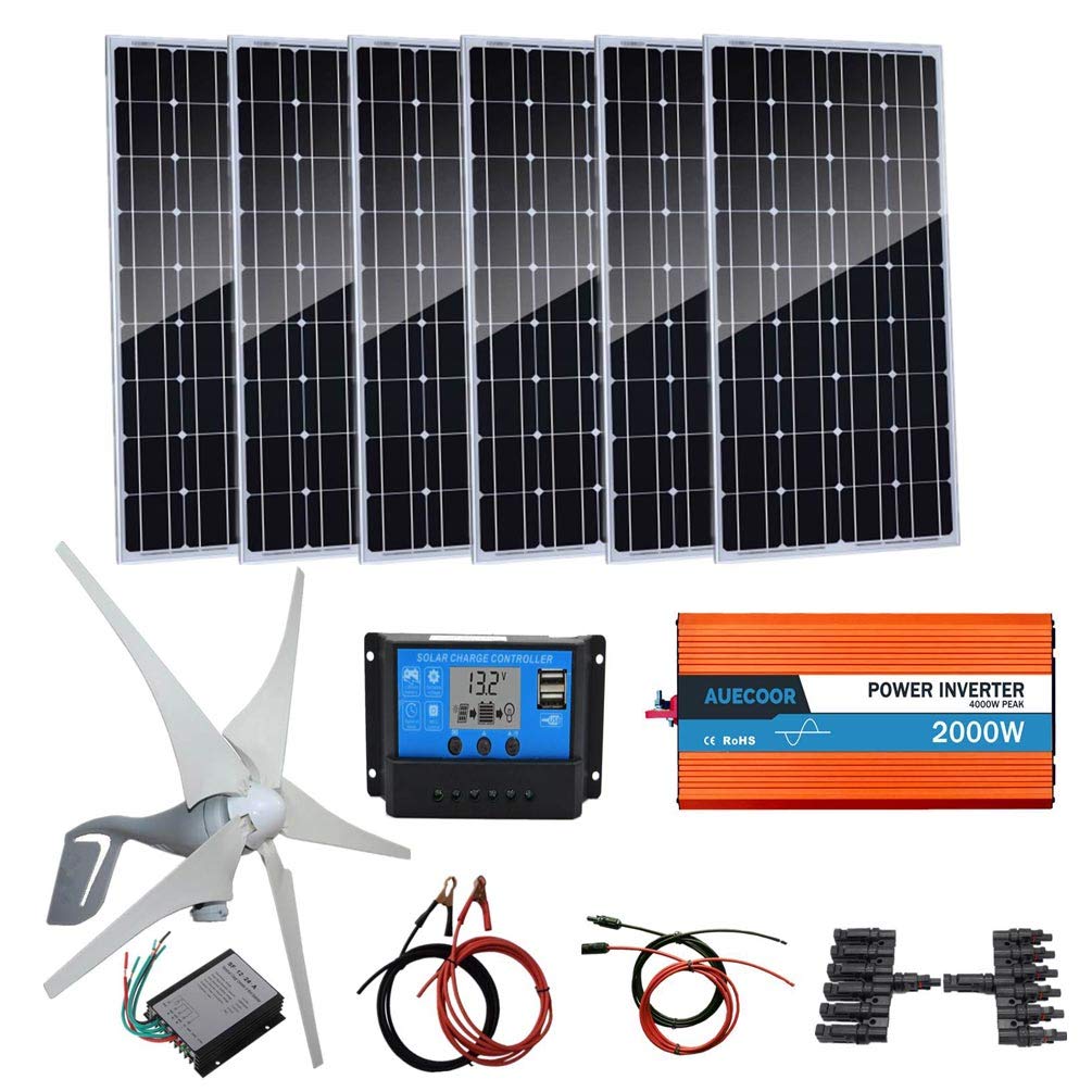 AUECOOR 1000 Watts Wind Solar Powered System(Hybrid System Kit): 400W Wind Turbine Generator + 6pcs 100W Monocrystalline Solar Panel + 2000W Pure Since Wave Inverter(Peak 4000W)+Accessories