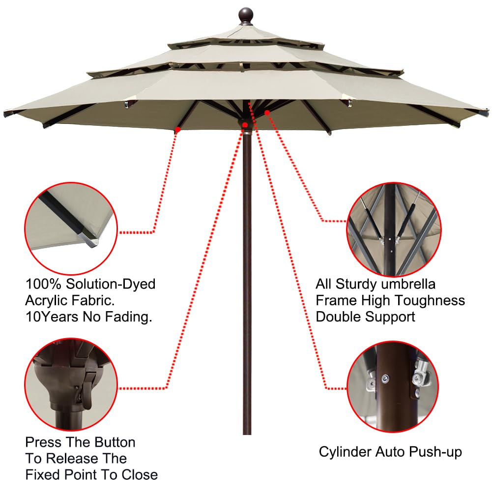 EliteShade USA 10-Year-Non-Fading Sunumbrella 11Ft 3 Tiers Patio Market Umbrella Outdoor Cylinder Auto Push-up Table Umbrella with Ventilation, Antique Beige