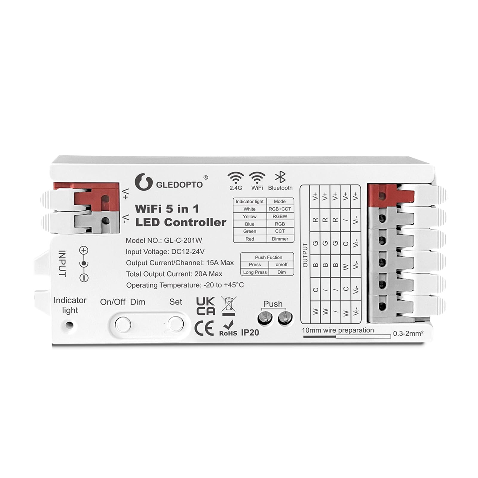 GLEDOPTO WiFi Bluetooth 5 in 1 LED Strip Controller DC12-24V 20A Current RGBCCT RGBW RGB CCT WWCW Dimmer Five Modes in One Work with Tuya Smart Life App Control for PWM Dimming Strip Light Easy Wiring