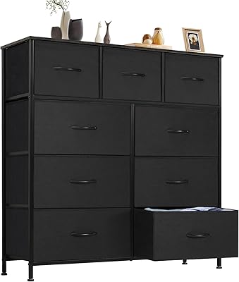 Sweetcrispy Dresser for Bedroom, Tall Chest Organizer Units, 9 Fabric Drawers for Clothing, Closet, Storage Tower with Cabinet, Metal Frame, Wooden Top, Lightweight Nursery Furniture, Black