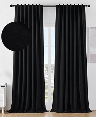 Joydeco Blackout Curtains for Bedroom 84 inch Length，Back Tab/Rod Pocket 100% Blackout Living Room Drapes, Textured Thermal Insulated Blackout Curtains 2 Panels Set,52" W x 84" L,Black