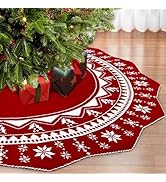 OurWarm Christmas Tree Skirt 60 Inch, Knit Red Tree Skirt with Poinsettia Pattern, Rustic Double-...