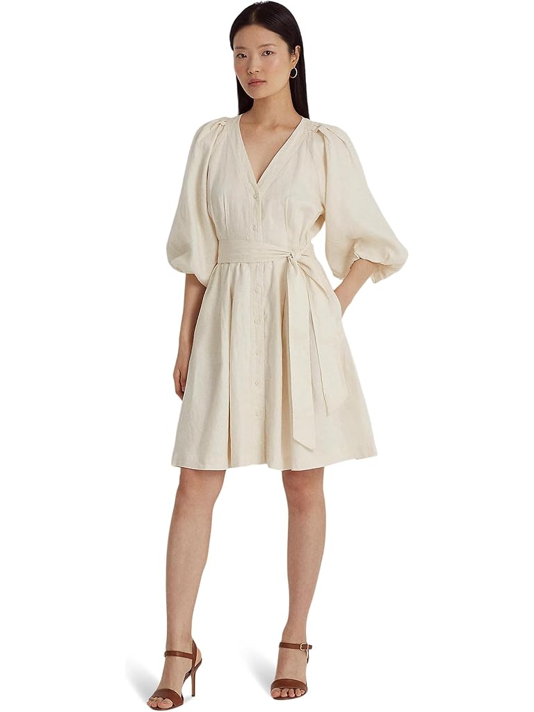 Lauren Ralph Lauren Belted Linen Bubble-Sleeve Dress