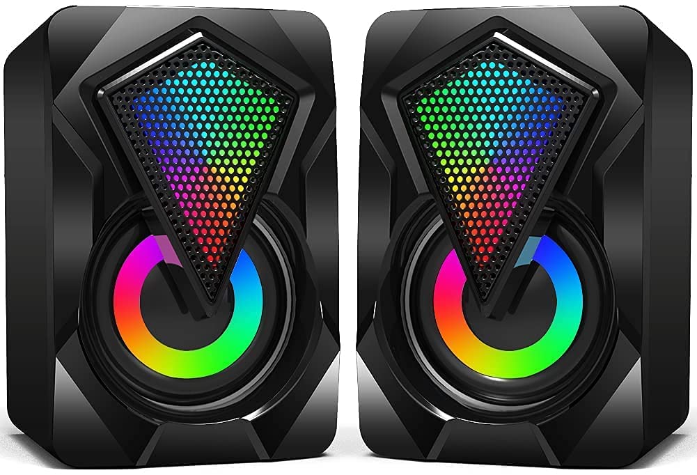 NJSJ Computer Speakers for Desktop, USB-Powered Stereo 2.0 PC Speakers with 3.5mm Aux input, Portable Mini Speaker for Laptop Smartphones MAC, Colorful RGB Lights(Black)