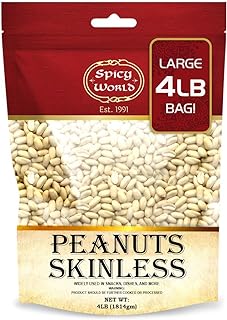 Spicy World Skinless Peanuts, Blanched Raw Peanuts (Uncooked, Unsalted) 4 Pound (64oz) ~ All Natural USA Grown