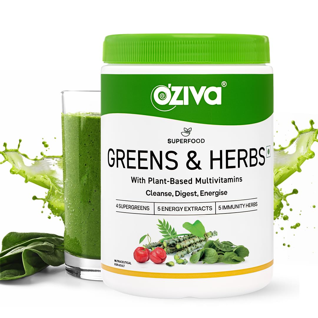 OZiva Superfood Greens & Herbs for Acne Control, Skin Health & Digestion | Daily Greens and 35+ Superfoods, Herbs, Chlorella & Moringa, Certified Vegan, 200 g