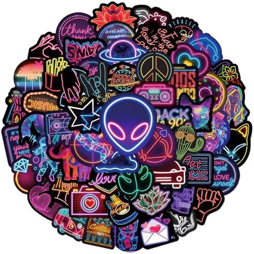 100Pcs Cool Neon Light Stickers for Kids Teens Adults, Trendy Graffiti Waterproof Vinyl Neon Stickers Pack for Water Bottle, Guitar Skateboard, Luggage, Phone