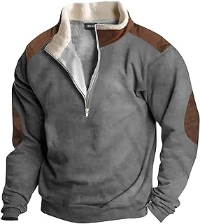 Men's Vintage Western Cowboy Zipper Sweatshirt Fluffy Fleece Sweater 1/4 Zip Stand Collar Cowboy Print Jacket Coats