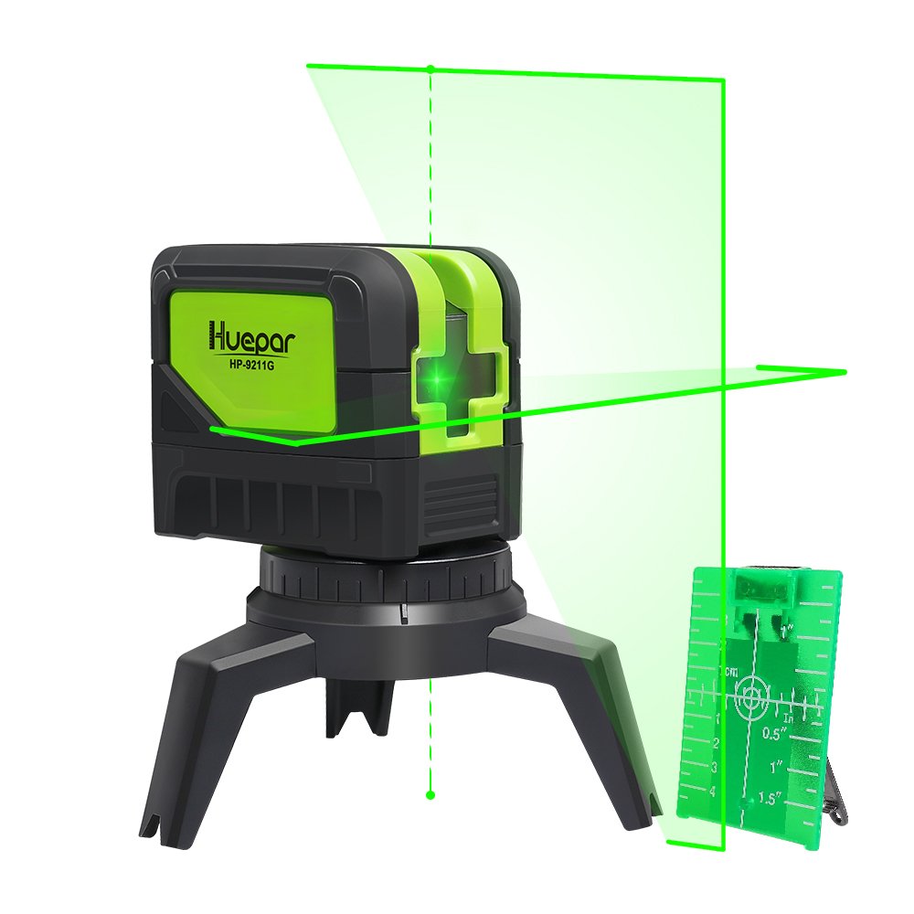 Huepar Cross Line Laser Level with Plumb Bob - M-9211G Green Beam Self Leveling 180-Degree Vertical Line and Horizontal Line with Plumb Points, Multi-Use Self-Leveling Alignment Laser Level