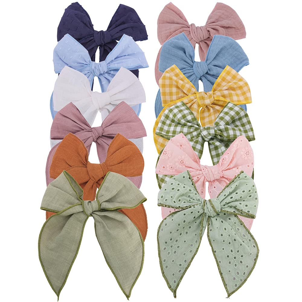 KASTWAVE Embroidered Big Bow Hair Clips Baby Girls Women Cotton Linen Hair Bow Clips Sailor Hair Fabric Hairpin Manual Hair Accessories 12 Pieces Colour