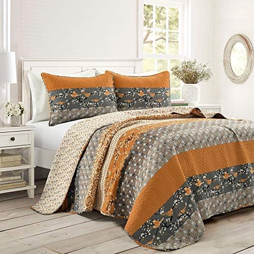 Lush Decor Royal Empire Reversible Cotton Quilt Set - 3 Piece Striped Bedding Set - Bold & Colorful Bohemian Patterns - Soft Cotton Feel - Full/ Queen, Yellow & Gray