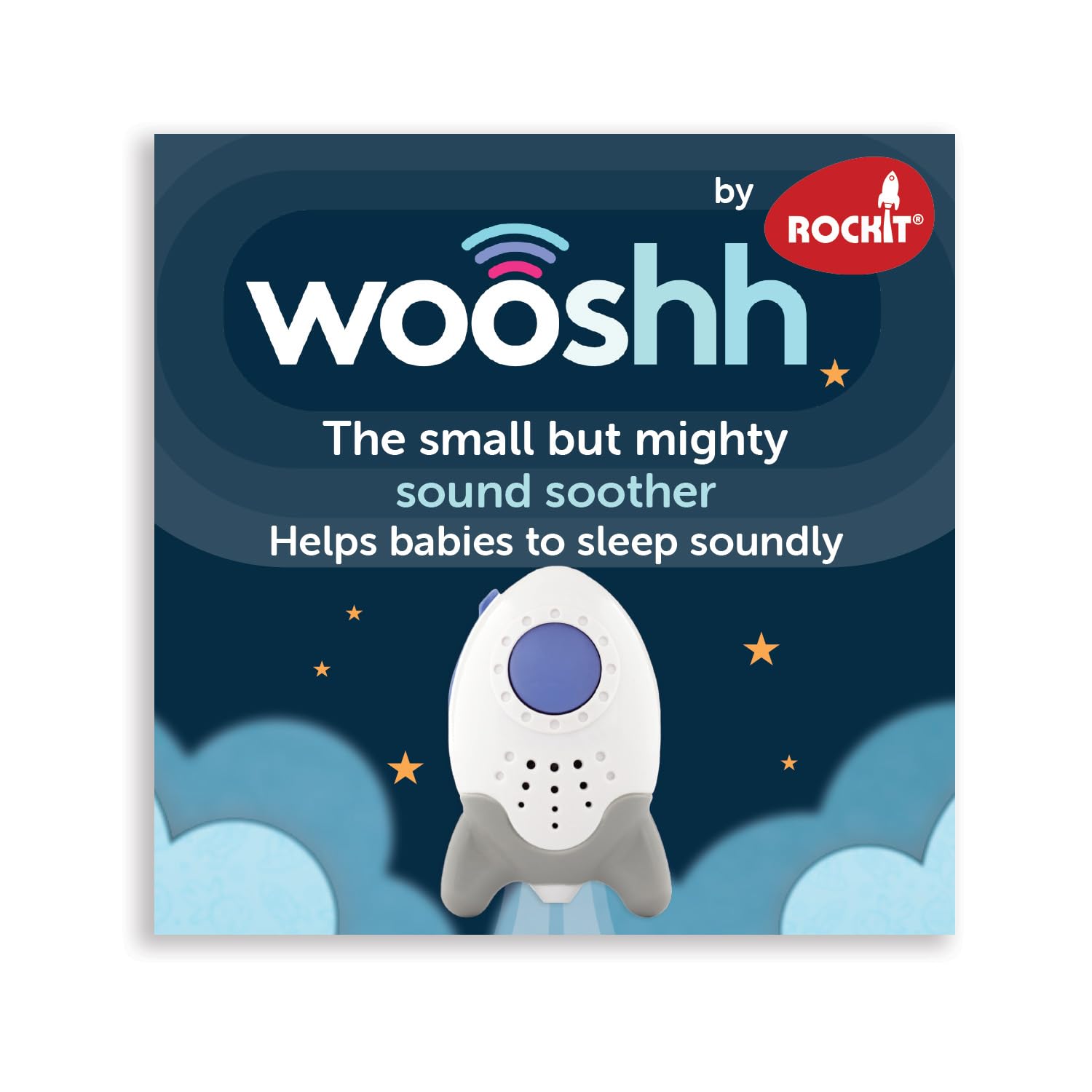 Wooshh by Rockit - Rechargeable Sound Machine with 8 Soothing Sounds, Portable Toddler and Baby Sleep Aid with Strap and USB Cable, White Noise Machine with 4 Volume Levels, Suitable from Newborn​