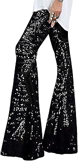 EVALESS Women Sequin Pants Sparkly Glitter High Waisted Wide Leg Flare Trousers Bell Bottom Night Out Clubwear