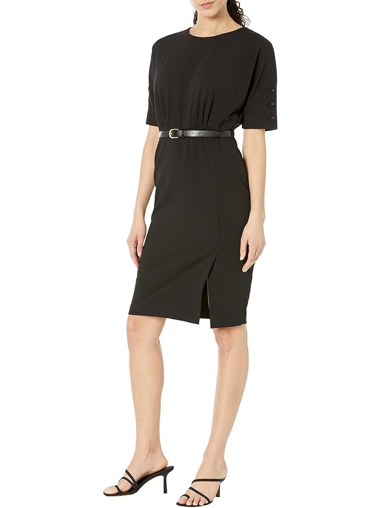 Calvin Klein Scuba Crepe Dress with Belt and Sleeve Button Detail