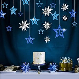 Decor365 Blue Silver Star Party Decoration Glitter 3D Star Garland Twinkle Little Star Decor Starry Galaxy Planet Party Supplies Hanging Birthday Baby Shower Graduation Wedding Ramadan EID Banner