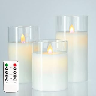 Sponsored Ad - FLAVCHARM Glass LED Flameless Candles with Natural LED Flickering Lights, Set of 3 Real Wax LED Pillar Batt...