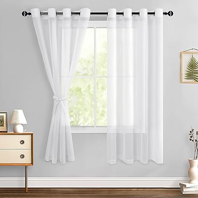 Hiasan Off White Sheer Curtains with Tiebacks, Light Filtering Airy Breathable Grommet Voile Window Curtains for Living Room, Bedroom, Kids' Room, W52 x L72, Set of 2 Drape Panels