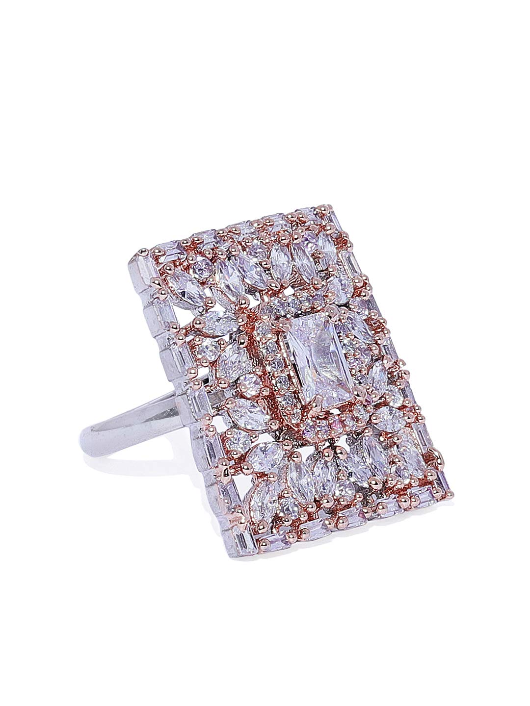 ACCESSHER Rose Gold Plated Contemporary Style Inspired American Diamond Embellished Square Shape Design Adjustable Statement Finger Ring for Women and Girls