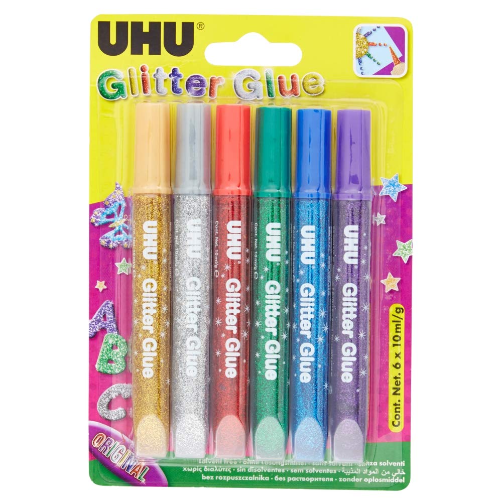 Uhu Glitter Glue Original, 6 Colours X 10ml, Brilliant Effects For Craft, Slime, Decoration And Creative Design, Safe - Dermatologically Tested, Soft Pen With Precision Tip