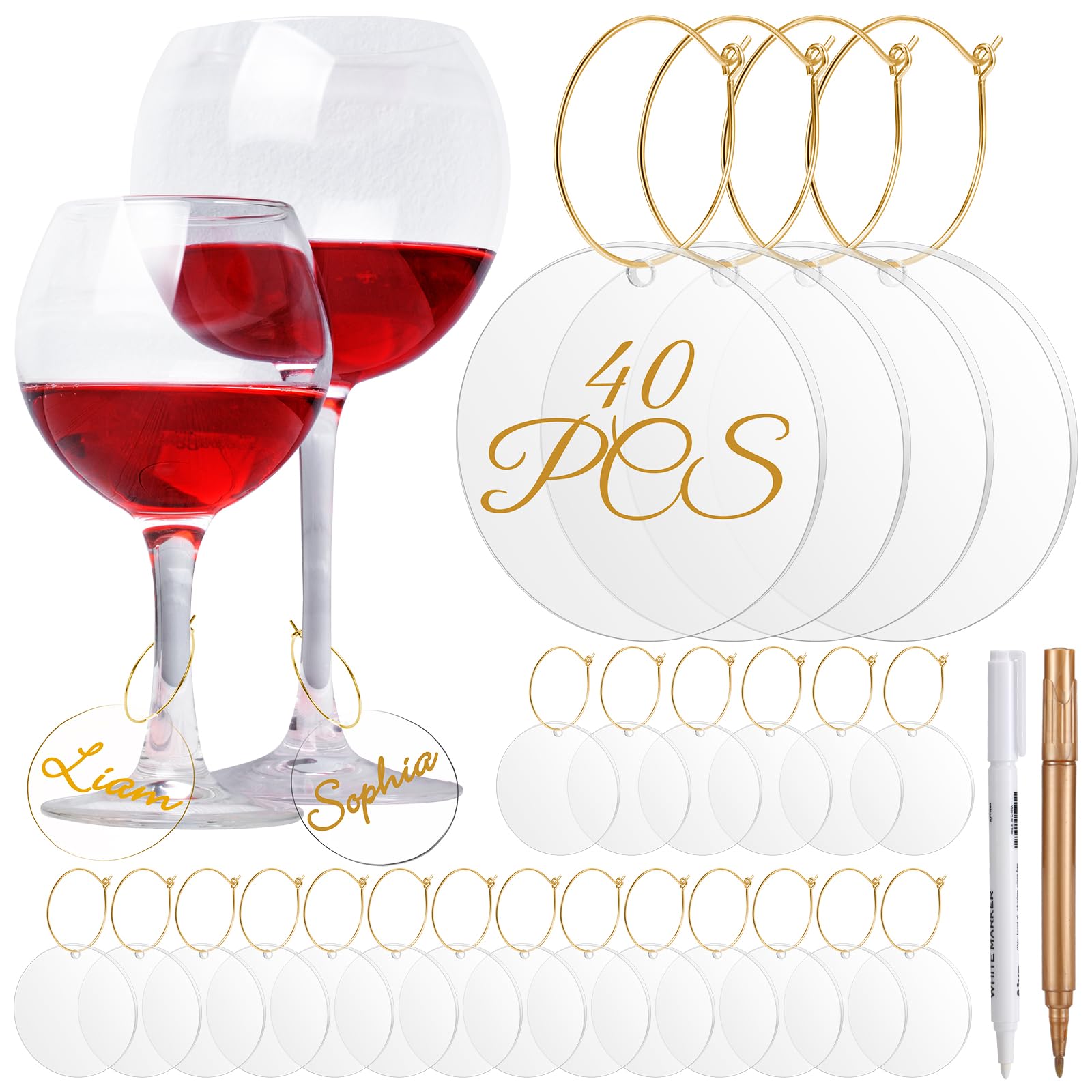 40 Pcs DIY Acrylic Wine Glass Charms with 1 Marker Pen Drink Markers Wine Glass Name Tags for Valentine's Day Stem Glasses Identification Wedding Party Favor