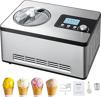 VEVOR Automatic Ice Cream Maker with Built-in Compressor, 2 Quart No Pre-freezing Fruit Yogurt Machine, Stainless Steel Electric Sorbet Maker, 3 Modes Gelato Maker with LCD Display & Timer, Silver