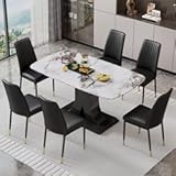 Modern Dining Table Set for 6&comma; Marble Kitchen Table Chair Set for 6&comma; Rectangular Kitchen Table with 6 Pu Leather Upholstered Chair for Dining Room