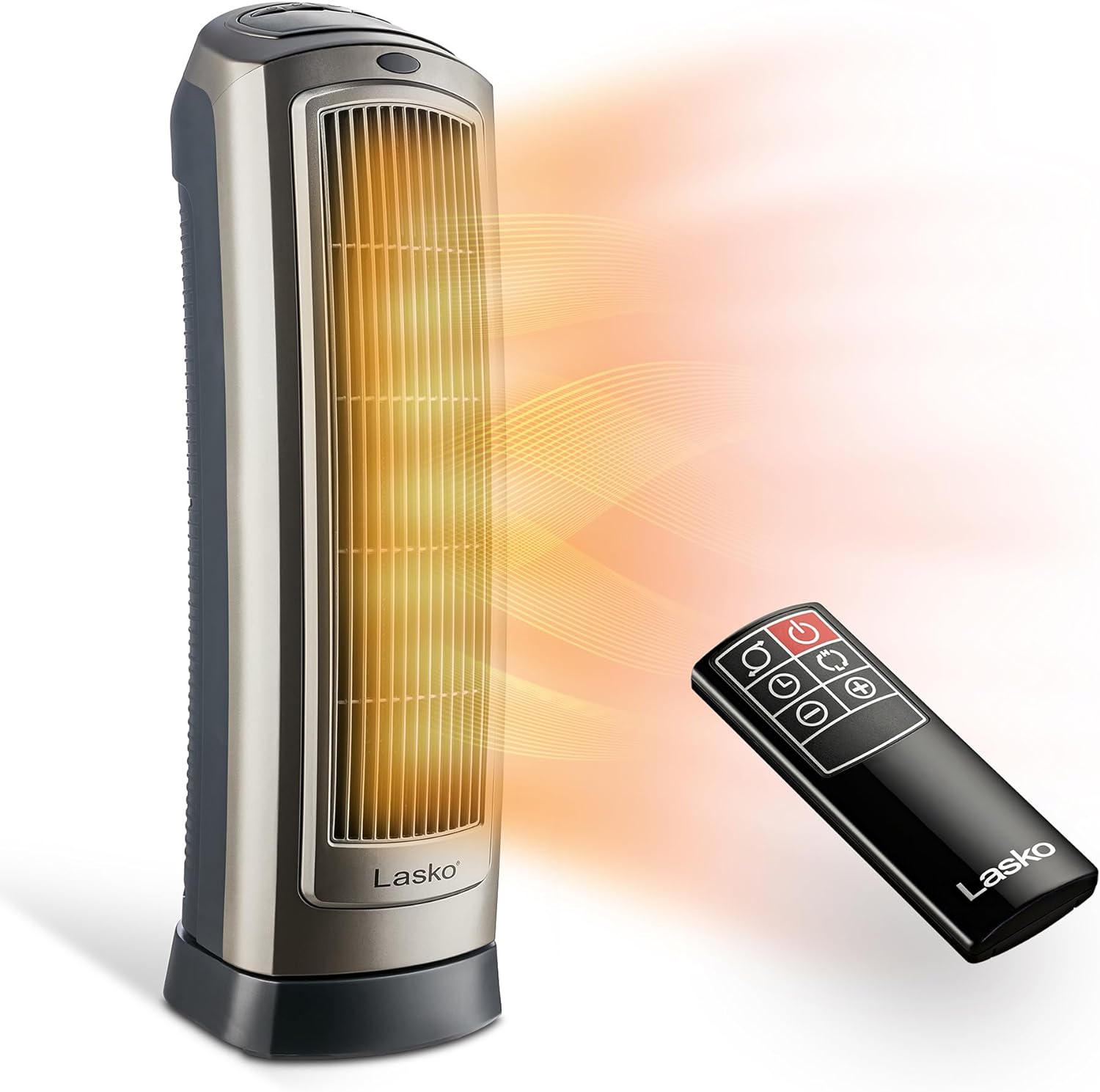 Lasko Oscillating Digital Ceramic Tower Heater for Home with Adjustable Thermostat, Timer and Remote Control, 23 Inches, 1500W, Silver, 755320