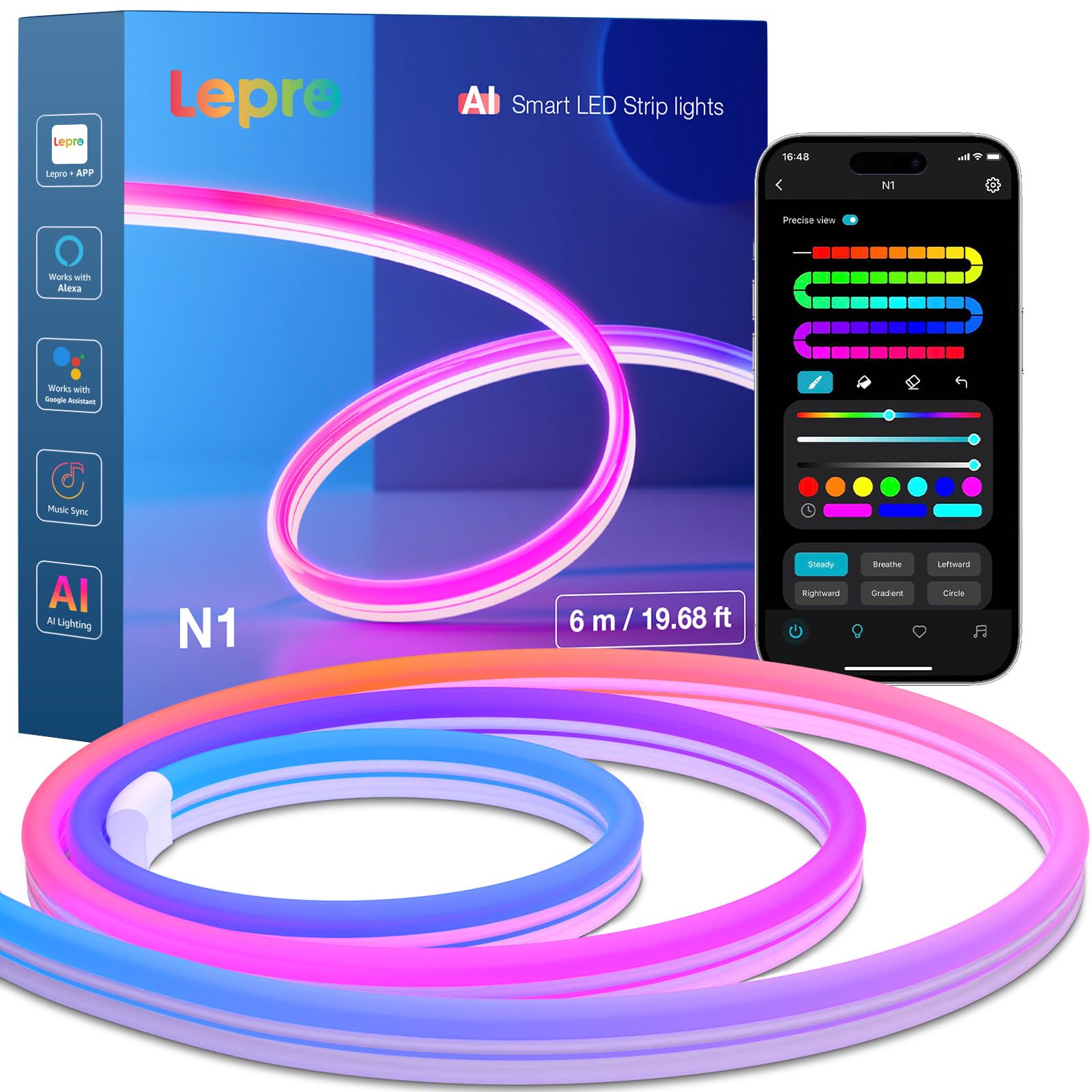 LeproN1 AI Smart Neon Light Strip 6M, Voice & App Control, AI Generated Lighting LLM, Dotless LED Strip Work with Alexa & Google Home, Music Sync Gaming Lights, IP65 Waterproof, DIY Multiple Colors