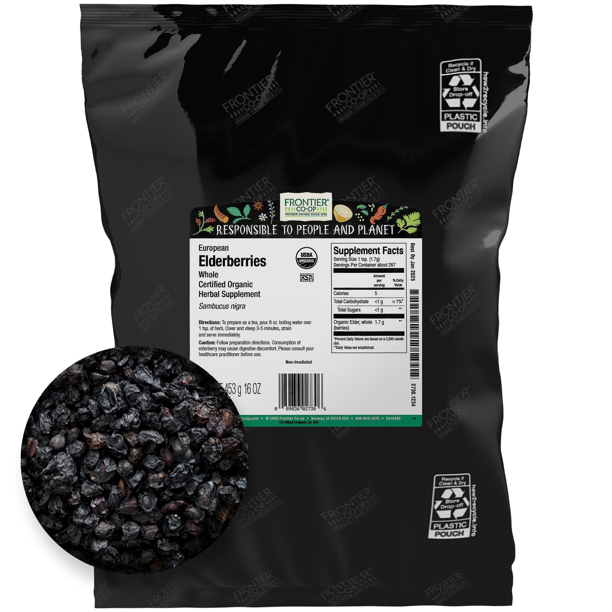 Frontier Co-op Organic Dried Elderberries, 2lb Bulk Bag, European Whole | Kosher & Non-GMO Organic Elderberry Berries Dried, for Tea, Immune Support