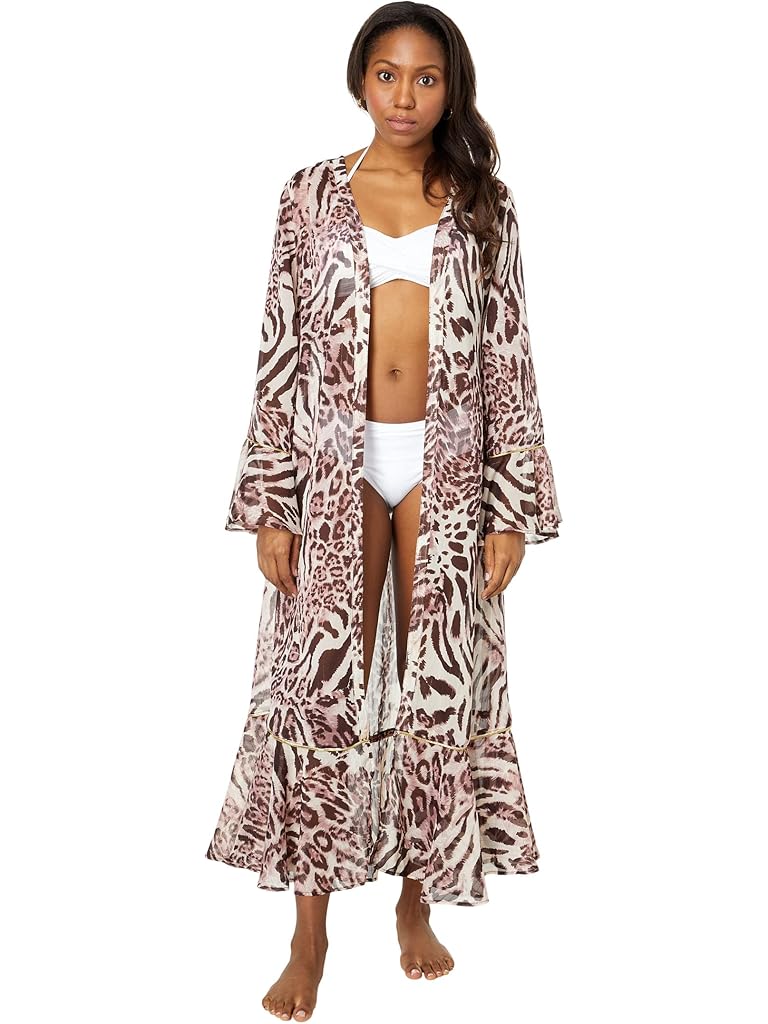 America & Beyond Rose Tan Animal Print Ruffle Kimono