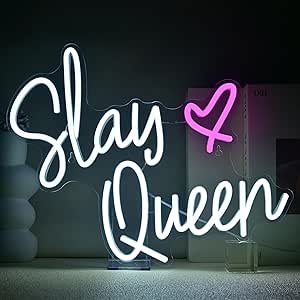 FAXFSIGN Slay Queen Neon Sign White Pink LED Neon Light Up Signs for Wall Decor Usb Neon Light for Bedroom Preppy Girl Aesthetic Room Dorm Decor Y2k Party Gifts