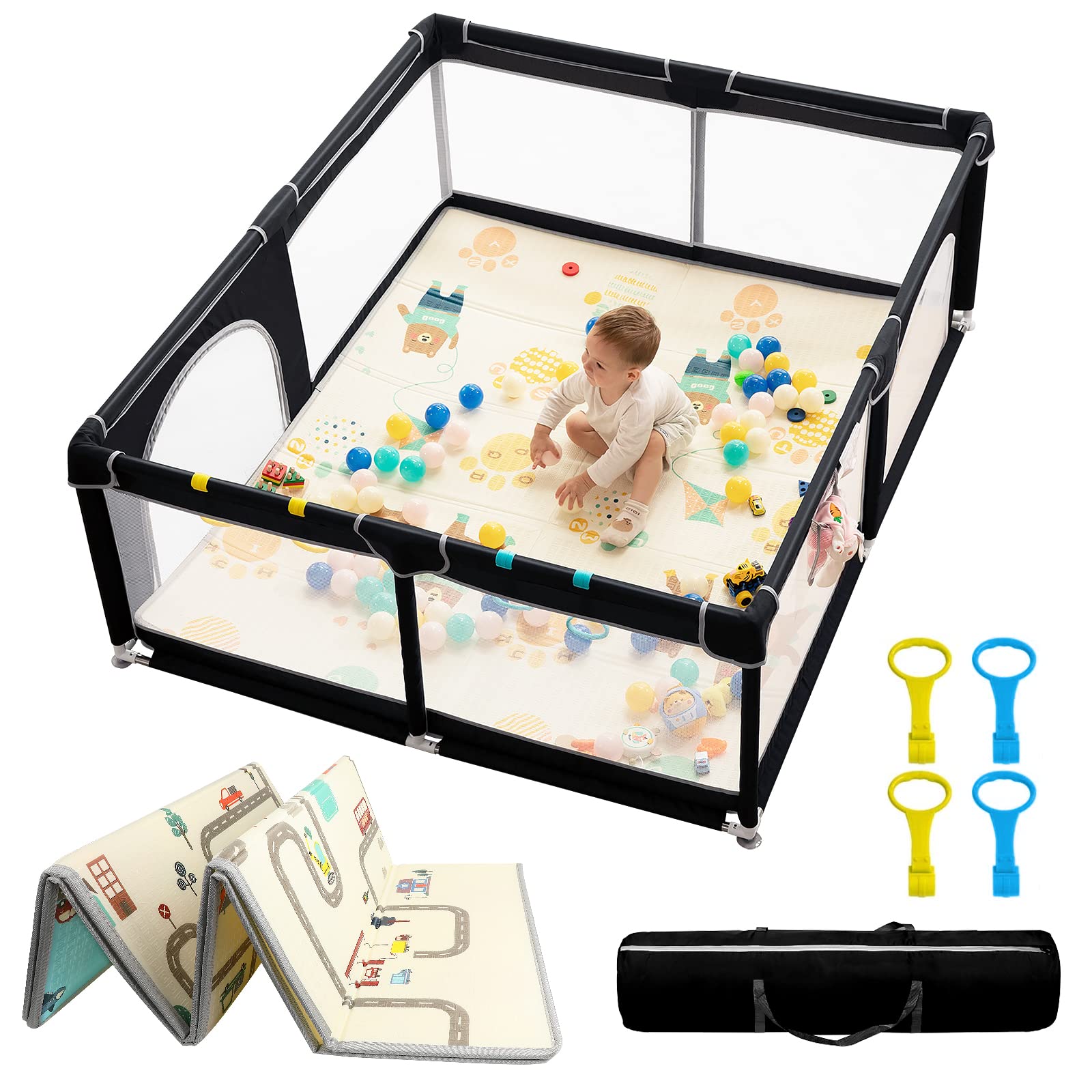 dearlomum Baby Playpen with Mat 71" X 59", Extra Large Play Yard for Babies and Toddlers, Safety Baby Fence, Indoor & Outdoor Kids Activity Play Center with Anti-Slip Suckers and Zipper Gate(Black)