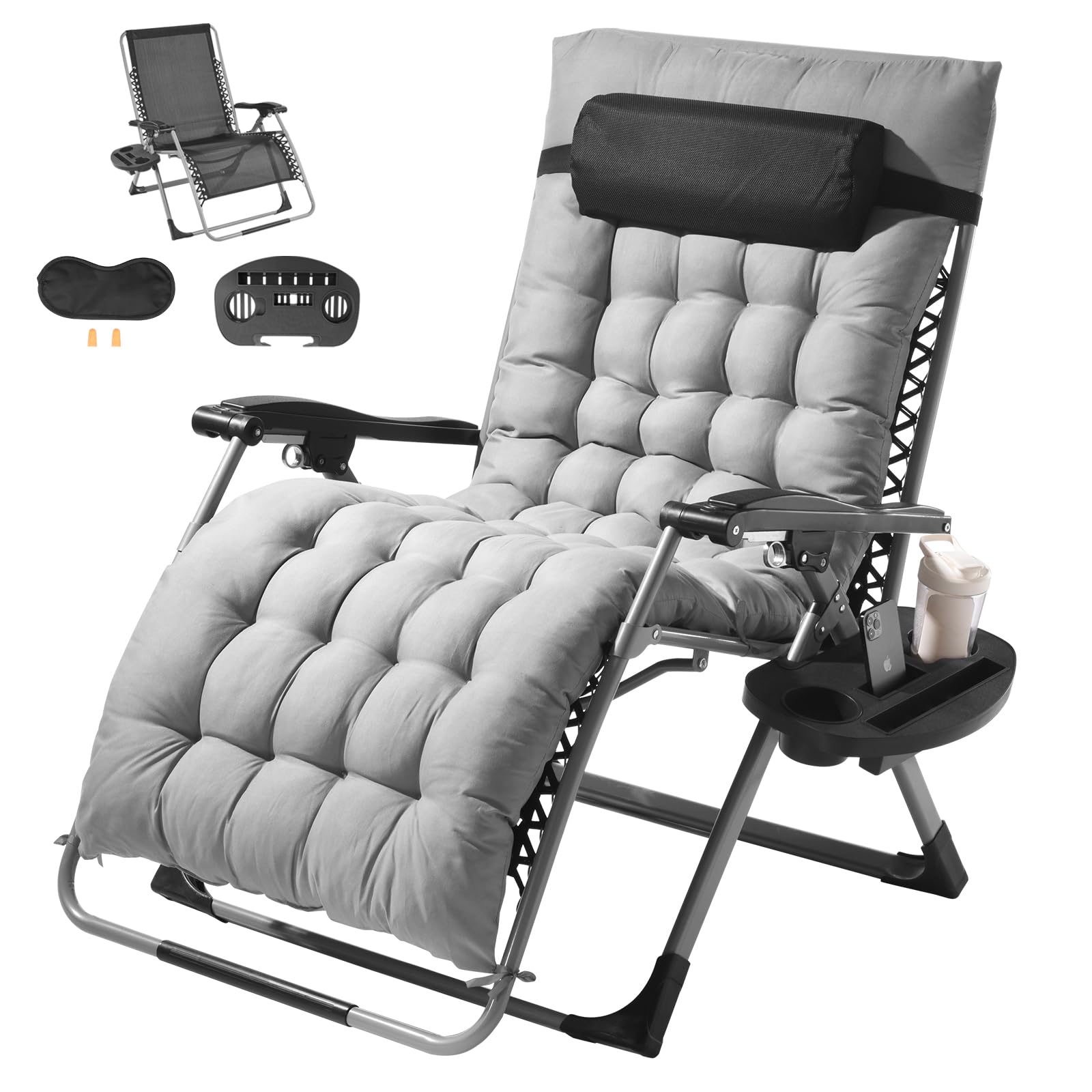 VEVOR Zero Gravity Chair, 33 inch Zero Gravity Recliner Lounge Chair for Indoor and Outdoor, Adjustable Anti Gravity Chair with Cushion, Headrest, Footrest, and Cupholder, 500 lbs, Gray