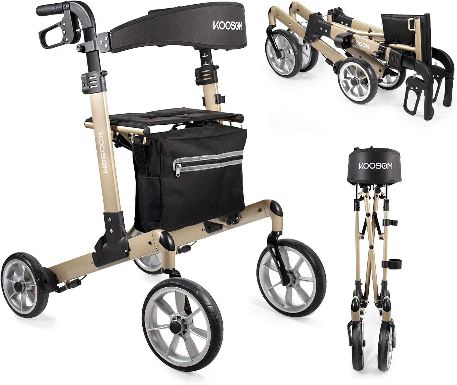 koosom 10" Front Wheels Rollator Walkers for Seniors Adjustable Height, Rollator Walker with Seat and Brakes Fold Up Heavy Duty Mobility Walking Aid for Adult Elderly, Gold, L