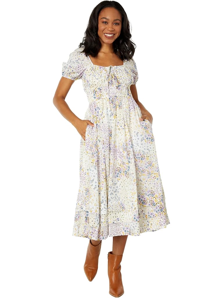 1.STATE Printed Puff Short Sleeve Ruched Seamed Bodice Midi Dress