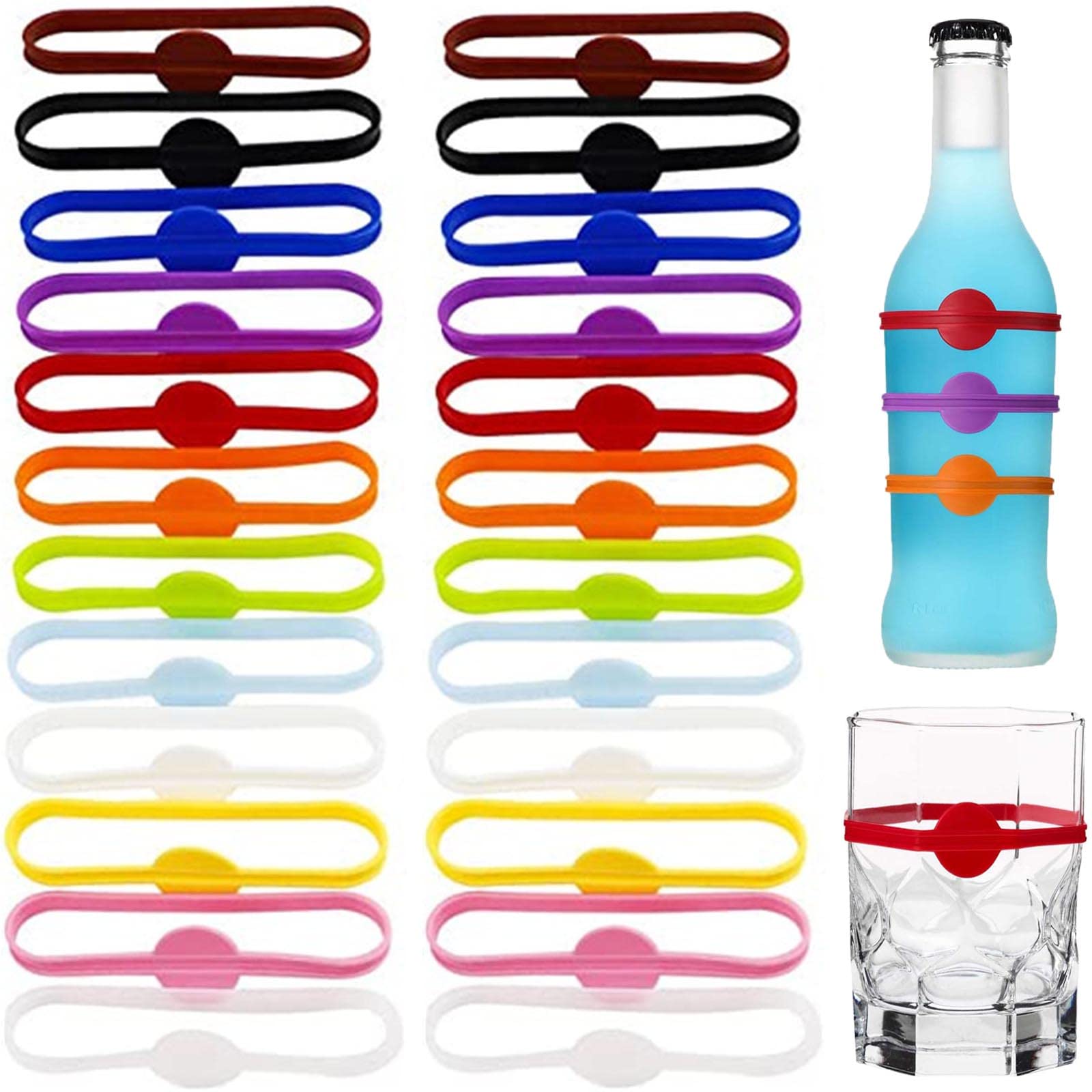 YFLifeDrink Markers Silicone 24pcs, Wine Glass Charms for Party Glasses Cups Cans Dentification, Glass Markers for Drinks, Strip Tag Marker for Beer Bottle Mug Jar, Cocktail Party Solution