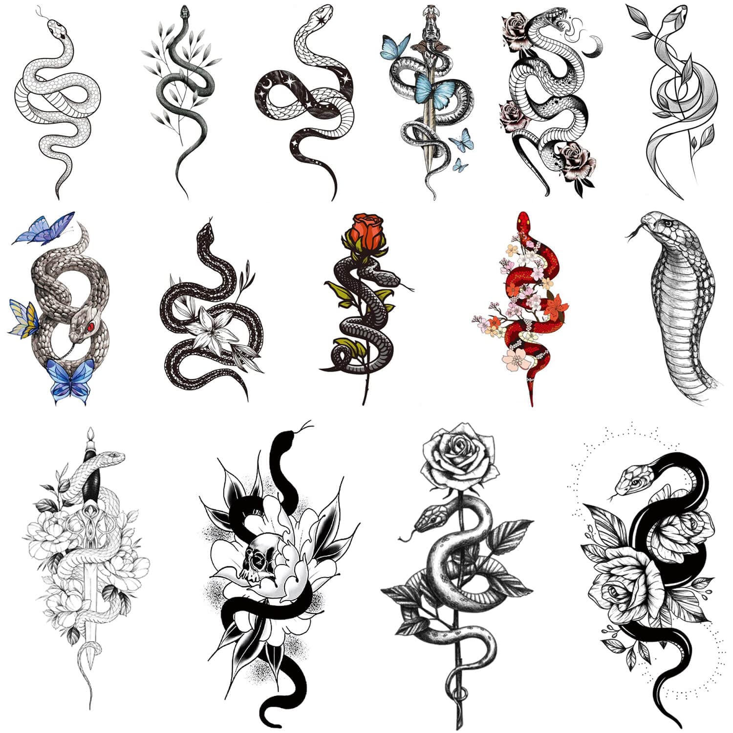 glaryyears 15 Sheets Snake Serpent Temporary Tattoos for Women Men, Fake Swords Rose Tattoo Stickers Realistic Waterproof on Half Arm Shoulder Body Art Large Size Tribal