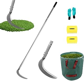 HQPASFY Weeding Sickle Set, Long Handle Sickle with Serrated Double-Edged Blade, Grass Sickle Stand Up Weeding Tool with 2...