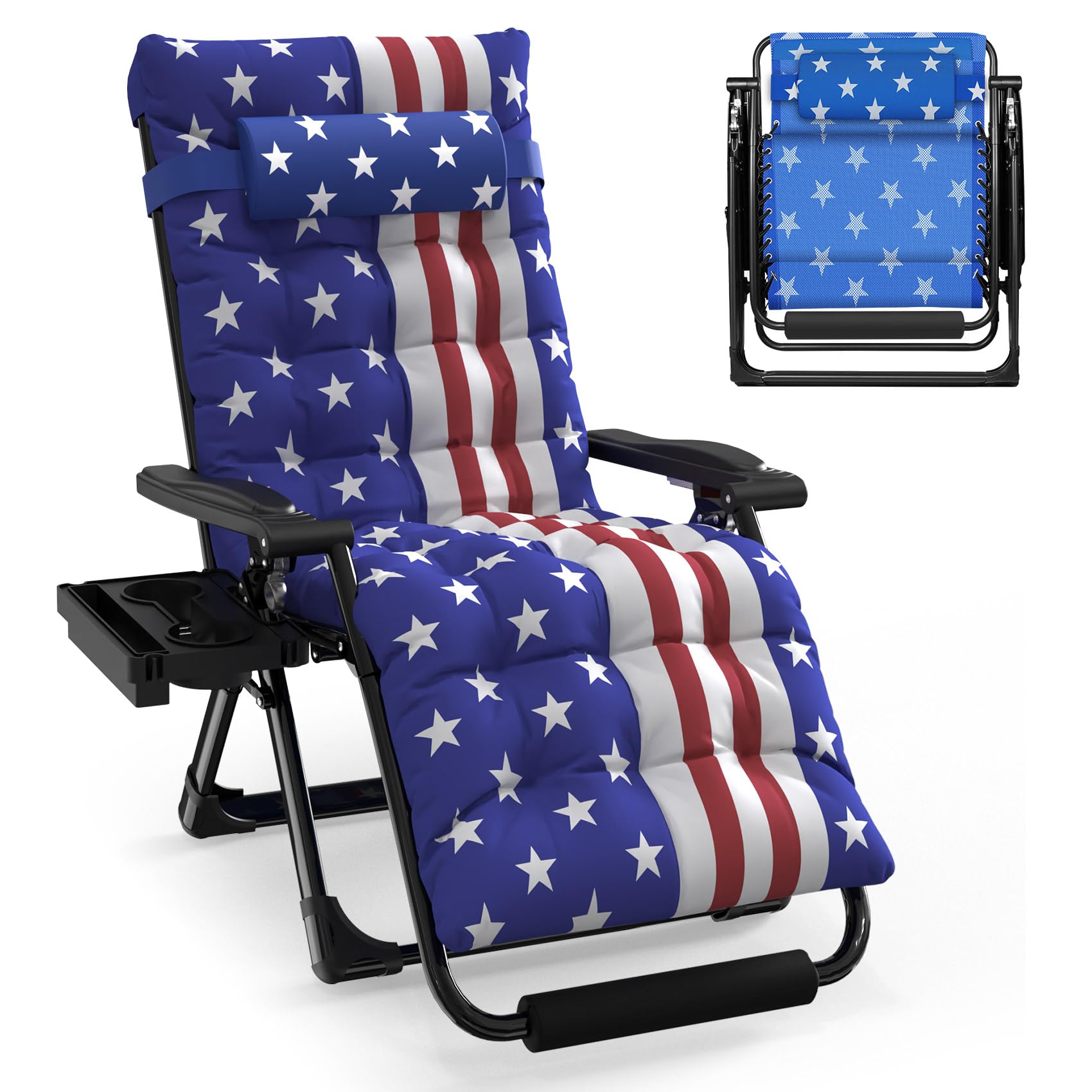 Slendor Zero Gravity Chairs, Padded Zero Gravity Recliner, Reclining Lounge Chair for Indoor Outdoor, Folding Lawn Patio Chair with Aluminum Alloy Lock, Foot Rest, Cup Holder, American Flag