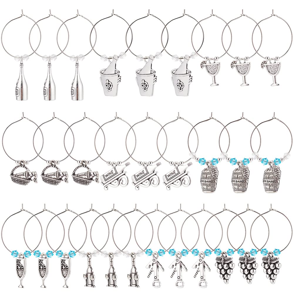 BENECREAT 240Pcs Tibetan Style Alloy Wine Glass Charms, Wine Bottle Theme Markers Tags with Hoop Earing Findings and Beads for Party Favors Decoration Gathering