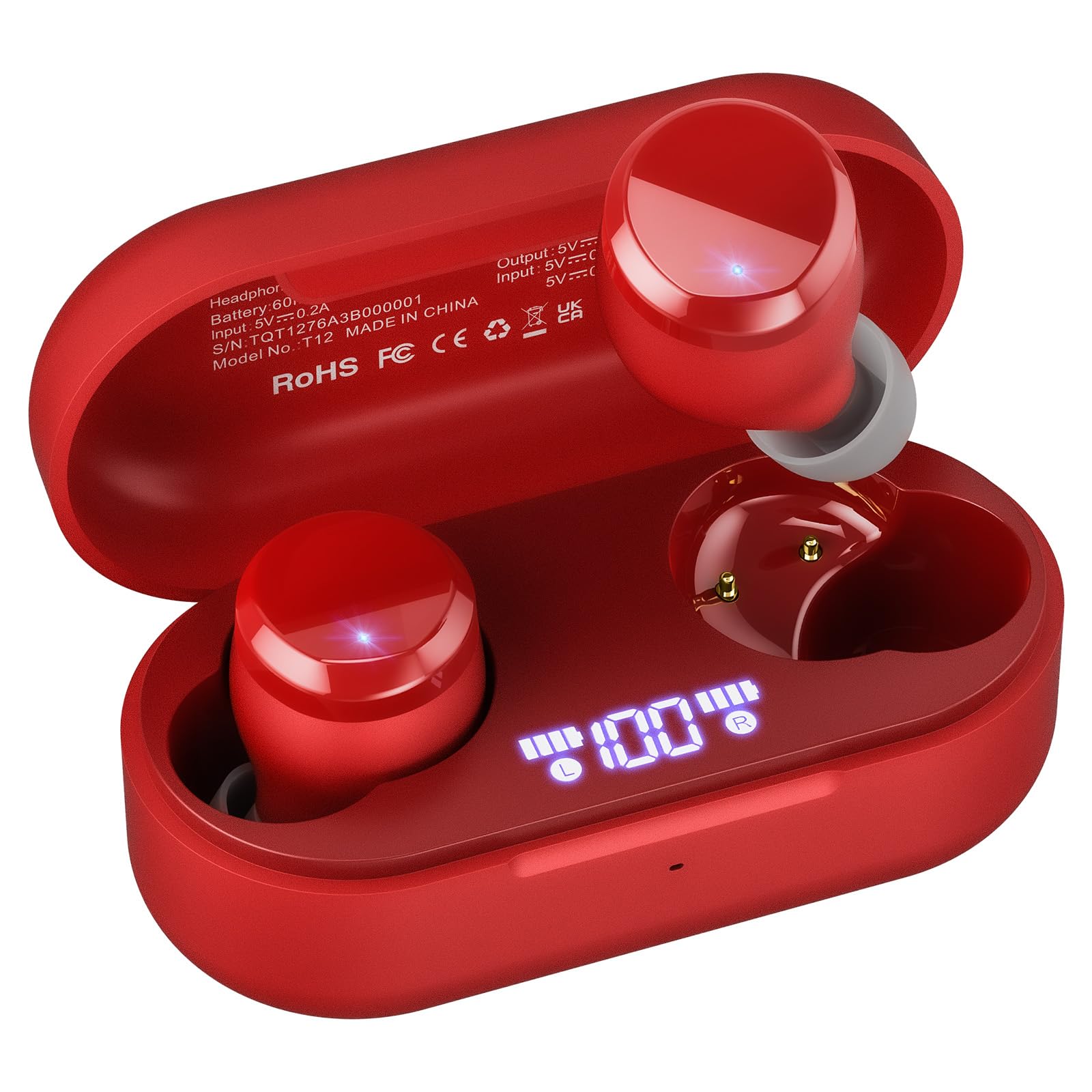 Tonal Dots Wireless Earbuds Bluetooth 5.3 Headphones Built-in ENC Noise Cancelling Mic, 55H Playtime LED Digital Display with Wireless Charging Case, App Control Immersive Premium Sound Red