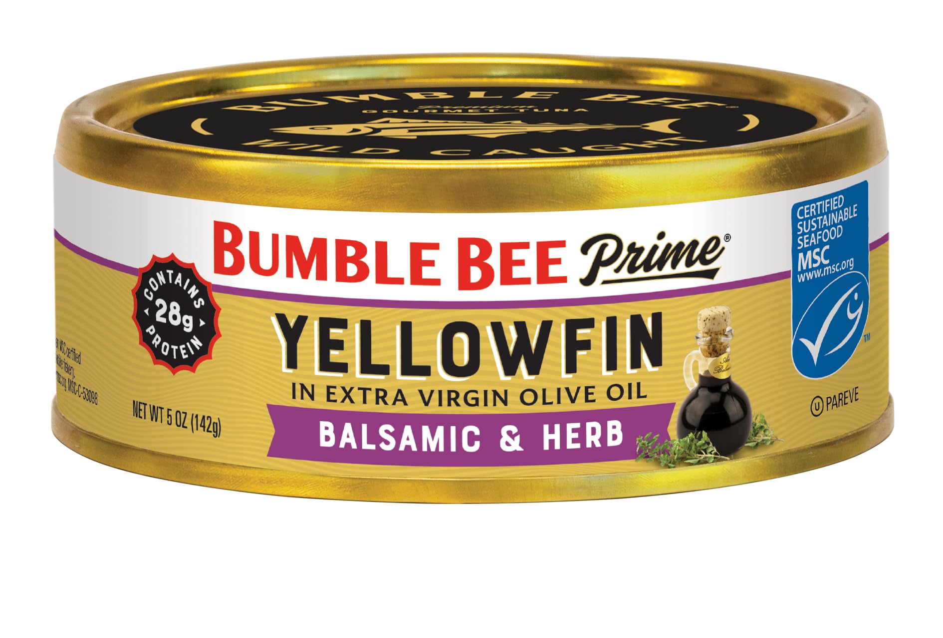 Bumble Bee Prime Balsamic & Herb Yellowfin Tuna in Extra Virgin Olive Oil, 5 oz Cans (Pack of 12) - Wild Caught Ahi Tuna - 28g Protein Per Serving - Non-GMO, MSC Certified Sustainable Seafood