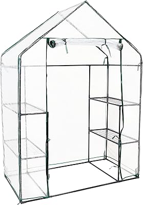 Sunnydaze Deluxe Portable Walk-in Greenhouse with 4 Shelves - Rectangle Greenhouse for Vegetables with Roll-Up Door - Iron Tube Frame with 4 Steel Wire Shelves and PVC Covering - Clear