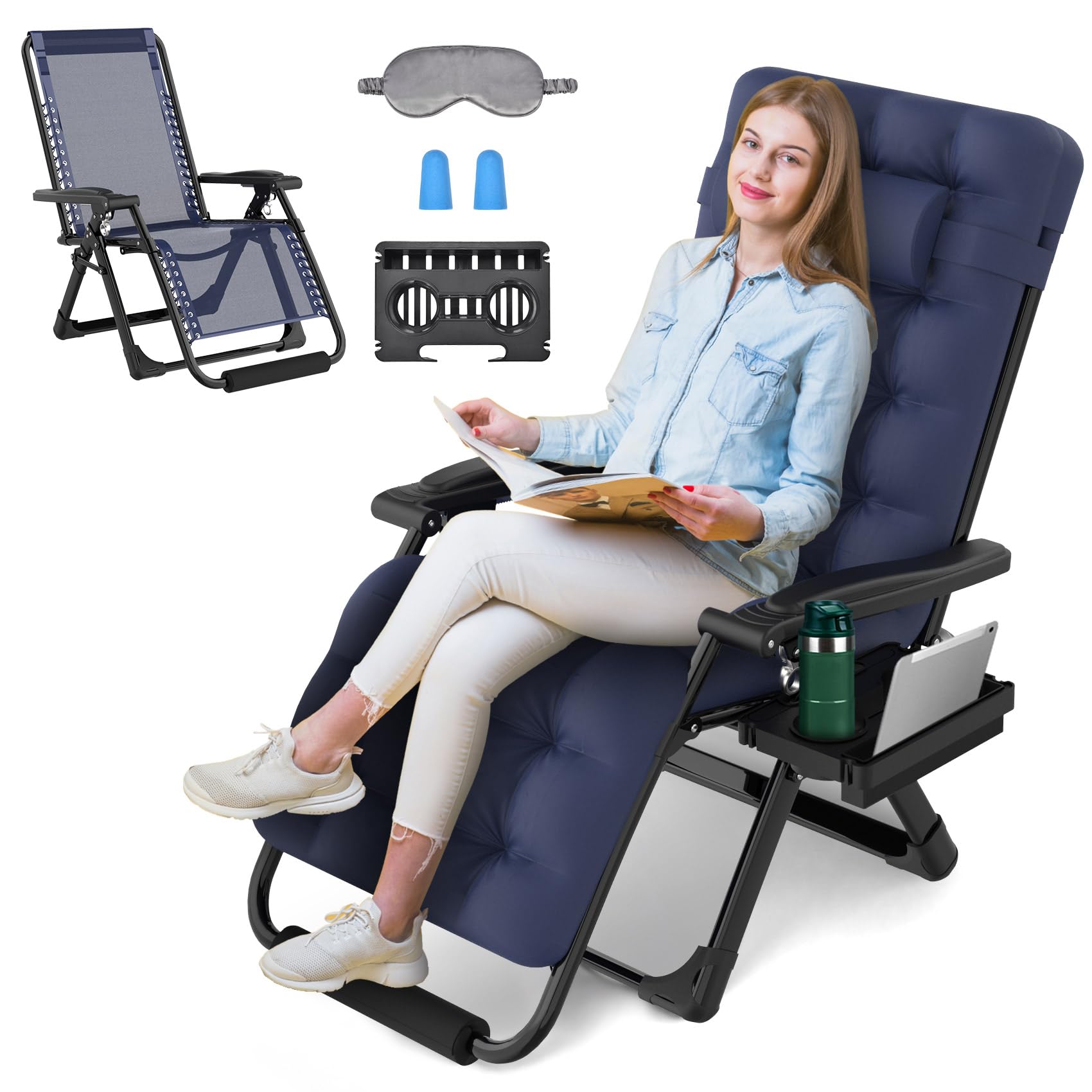 29In XL Zero Gravity Chair w/Cushion, Zero Gravity Recliner Lounge Chair for Indoor and Outdoor, Reclining Camping Chair for Lawn, Anti Gravity Chair with Cup Holder and Footrest, 440LBS