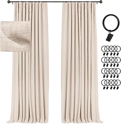 INOVADAY 100% Blackout Curtains for Bedroom, Black Out Curtains Clip Rings/Rod Pocket Linen Blackout Drapes 2 Panels Set, Thermal Insulated Drapes for Living Room, Beachsand, W50 x L84