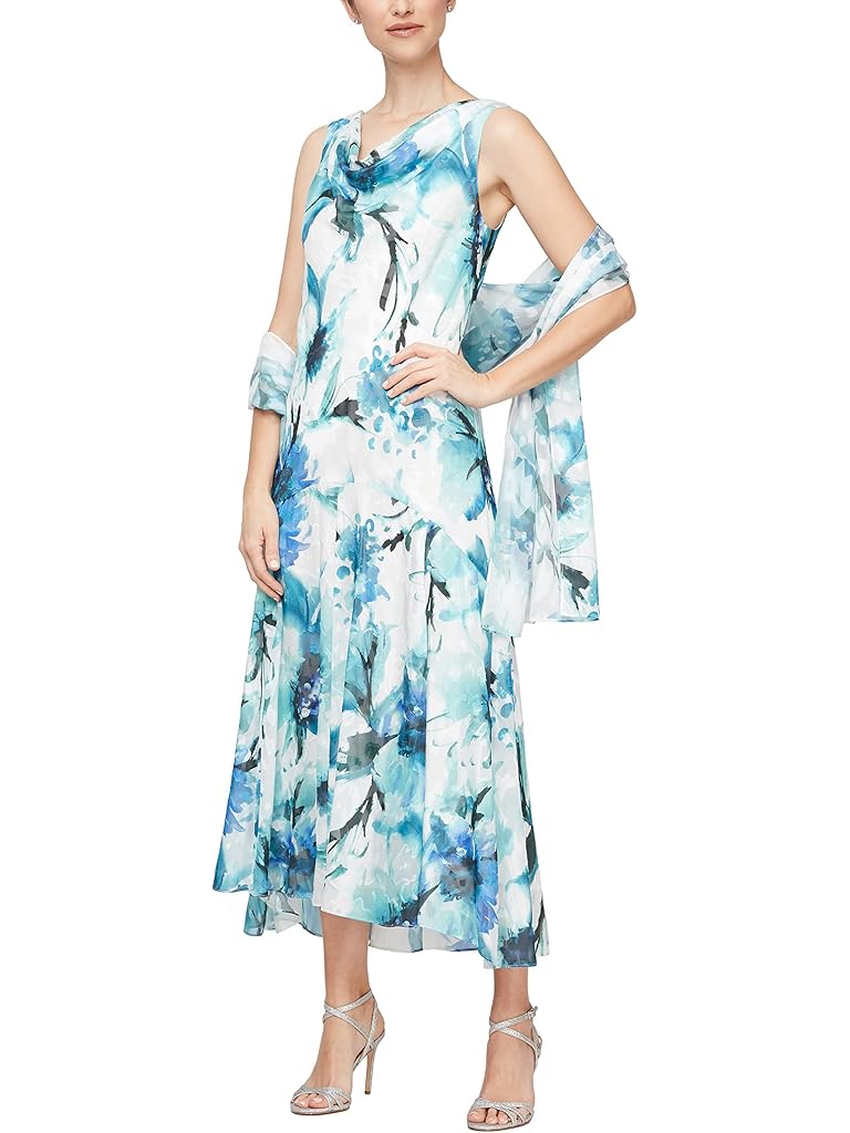 Alex Evenings Tea Length Chiffon Burnout High-Low Dress with Chiffon Shawl