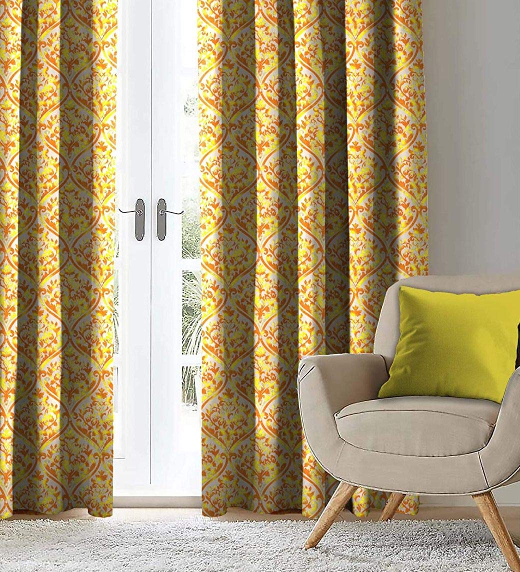 Casableu Gene 2 Piece Polyester Eyelets (Steel) Blackout Curtains with Tie Back, Bedroom Living Room (Yellow, 9 Ft x 4.2 Ft)