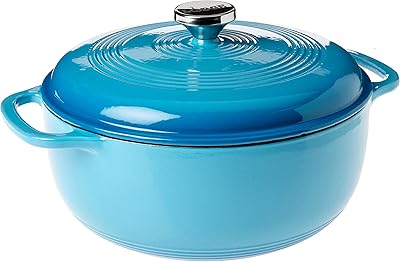 Lodge 6 Quart Enameled Cast Iron Dutch Oven with Lid – Dual Handles – Oven Safe up to 500° F or on Stovetop - Use to Marinate, Cook, Bake, Refrigerate and Serve – Cornflower Blue